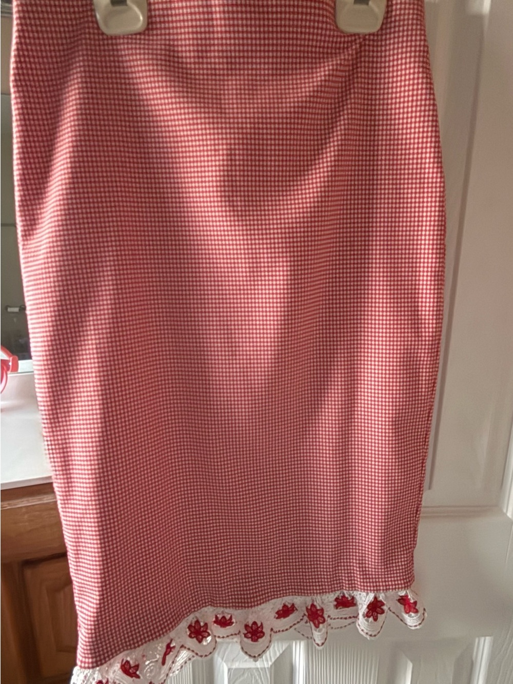 New York & Company Pink Gingham Pencil Skirt with Lace Floral Hem